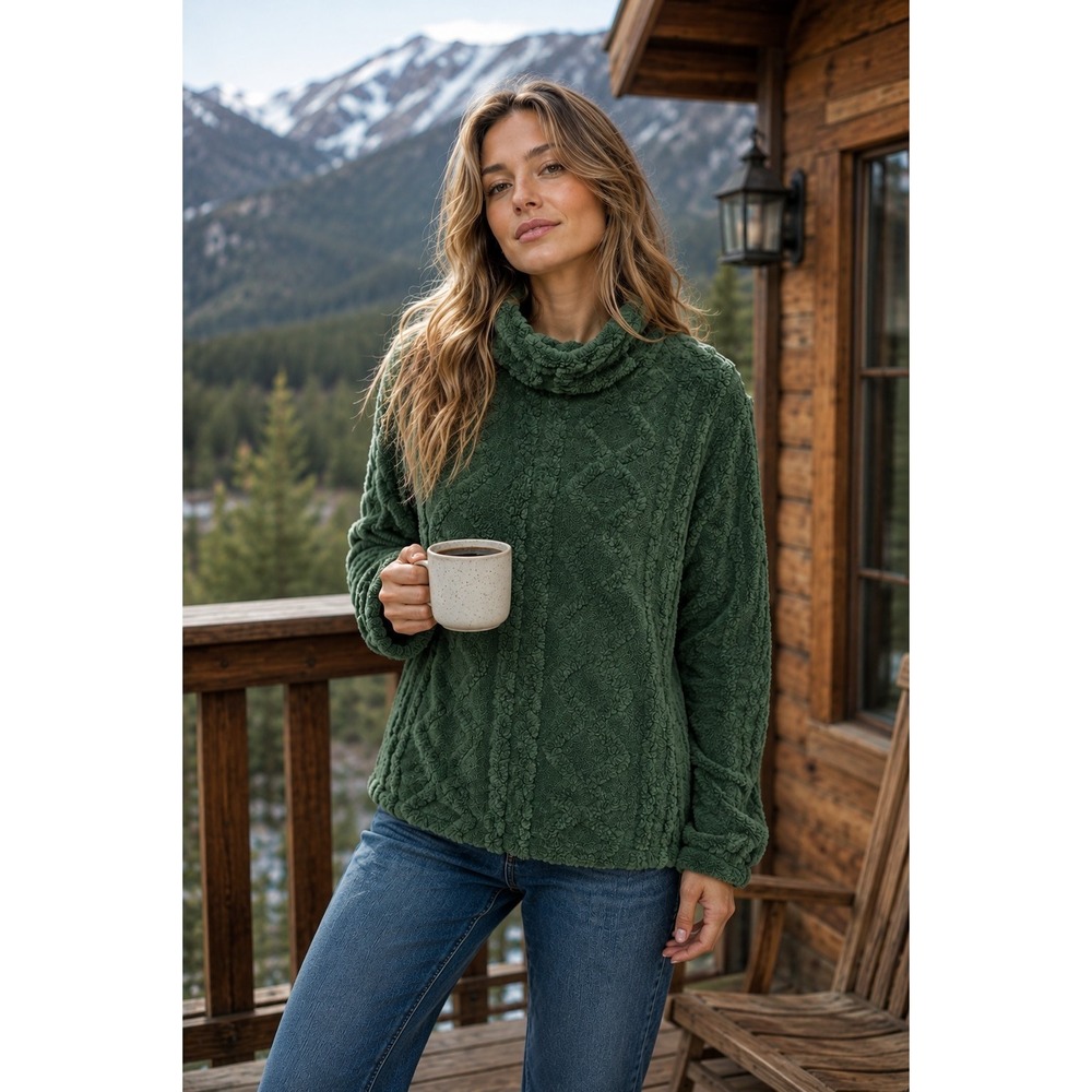 Eddie Bauer Plush Sherpa Fleece Pullover Cowl Neck Green Cable Texture Soft Sz L